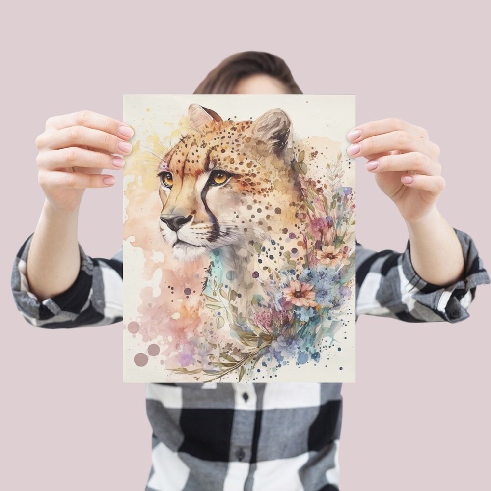 Cute Floral Cheetah Watercolor Wall Art Illustration Print Poster Card Unframed - Picture 4 of 8